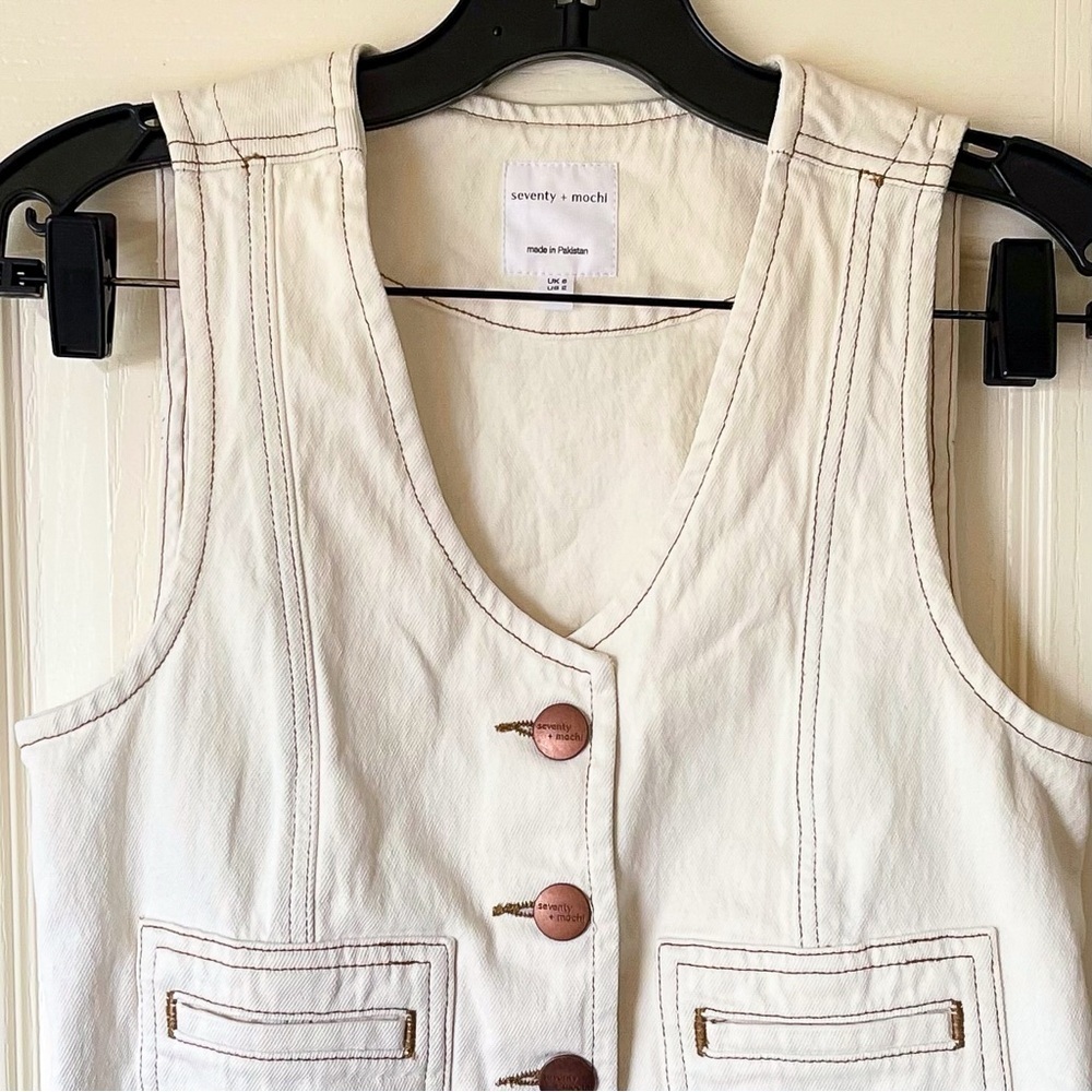 Seventy‎ + Mochi Bea Denim Vest Waistcoat Top Contrast Stitch Ecru 2 EUC - Picture 3 of 8